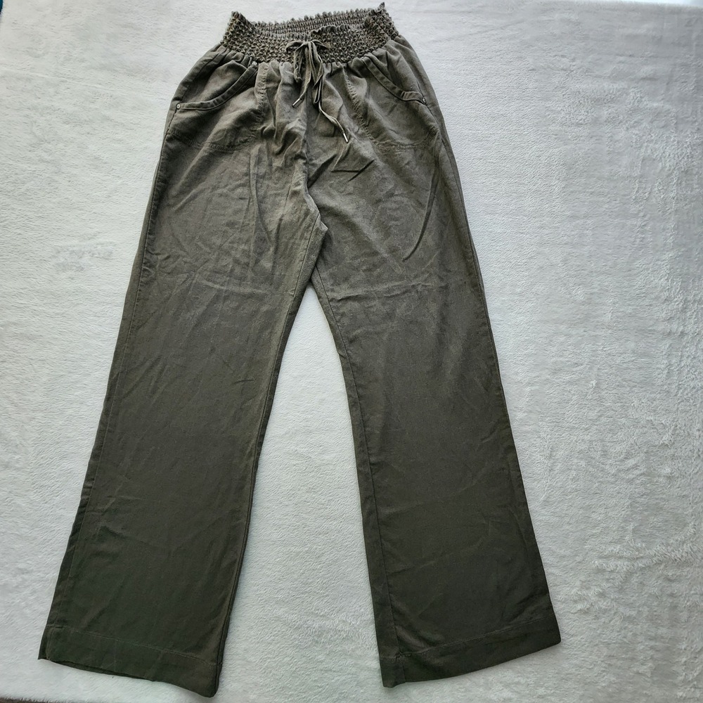 Linen Blend Smocked Waist Wide Leg Pants Womens Large Olive Boho Vacation Office